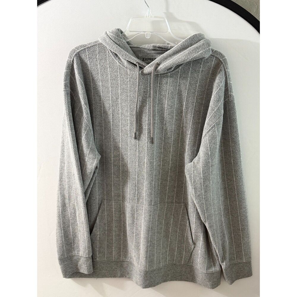 Express Men’s Large Gray Soft Ribbed Pullover Hoodie Relaxed Fit